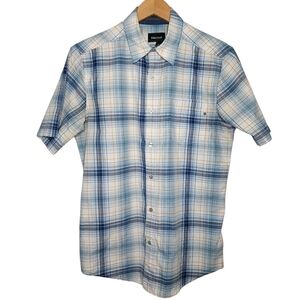 Marmot Mens Small Blue‎ White Plaid Short Sleeve Outdoor Hiking Button Up Shirt